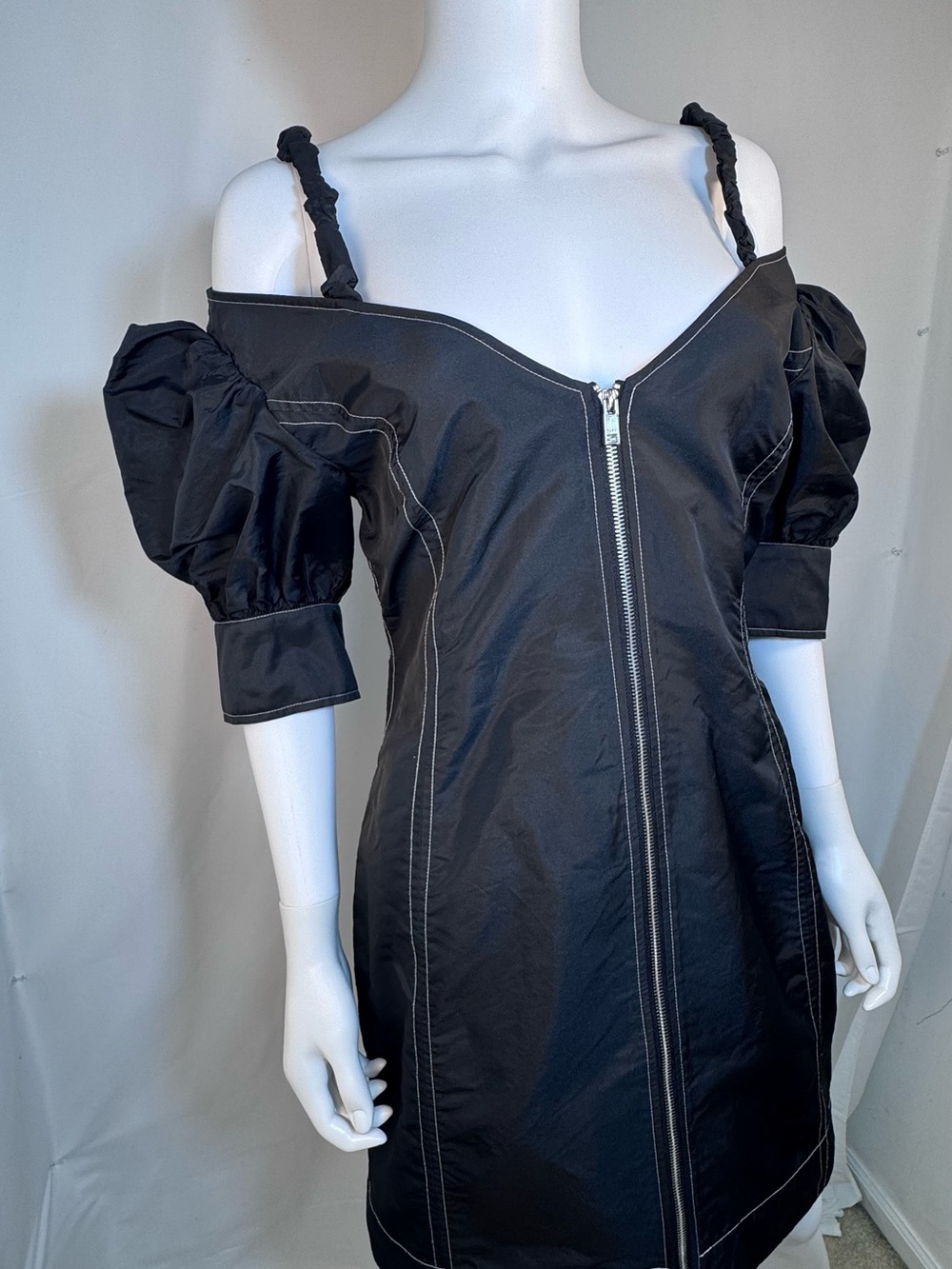 GANNI Black Off-The-Shoulder Contrast Stitch Taffeta Mini Dress Puff Sleeve US 8